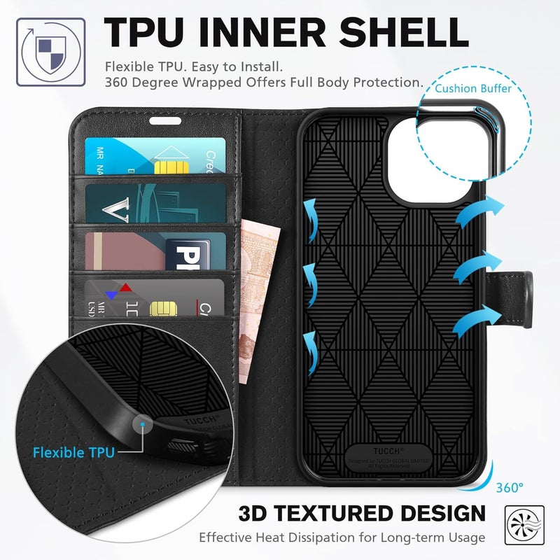 TUCCH Case Wallet for iPhone 15 6.1", Kickstand PU Leather [RFID Blocking] 4 Card Holder Magnetic Stand Protective Cover [TPU Shockproof Inner Shell] 5G 2023, Black - Image 5